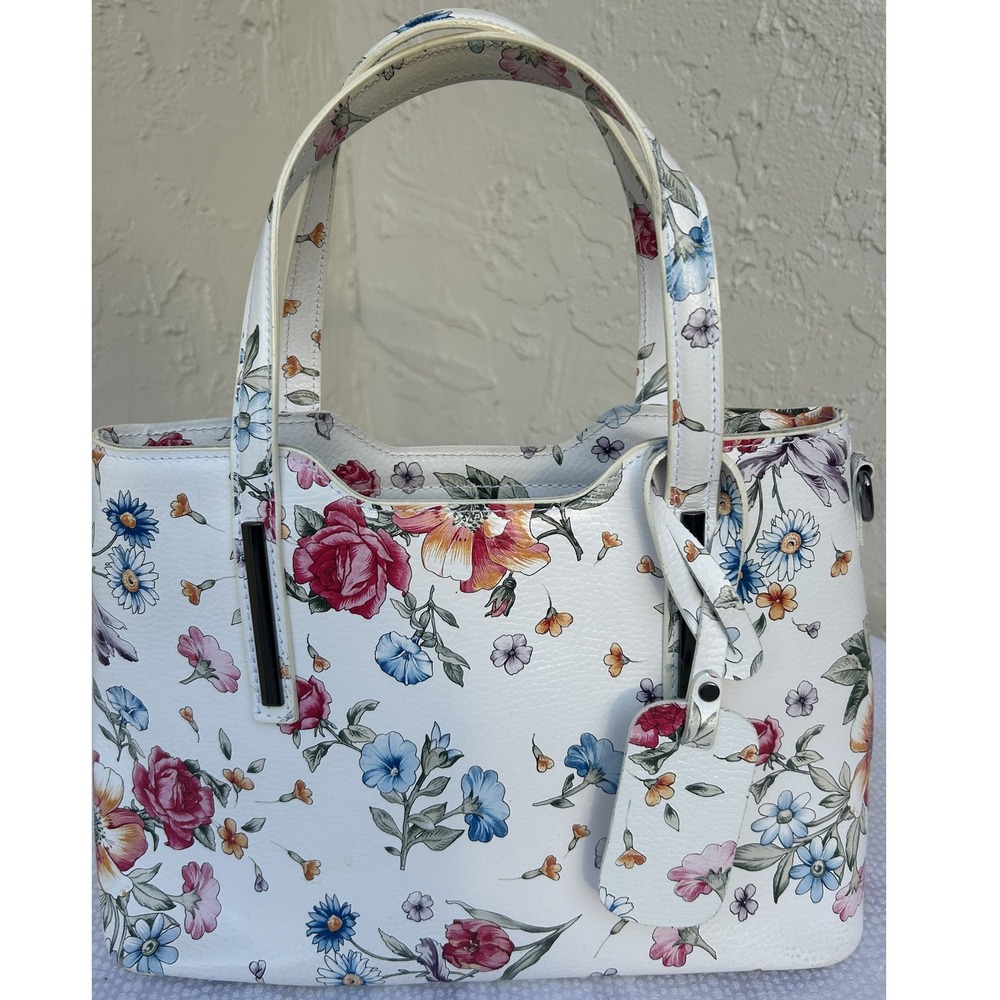 Borse in Pelle White Floral Leather Tote Bag Made in Italy Handbag